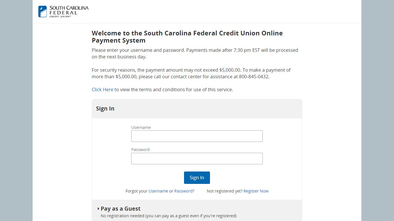 Welcome to the South Carolina Federal Credit Union Online Payment System